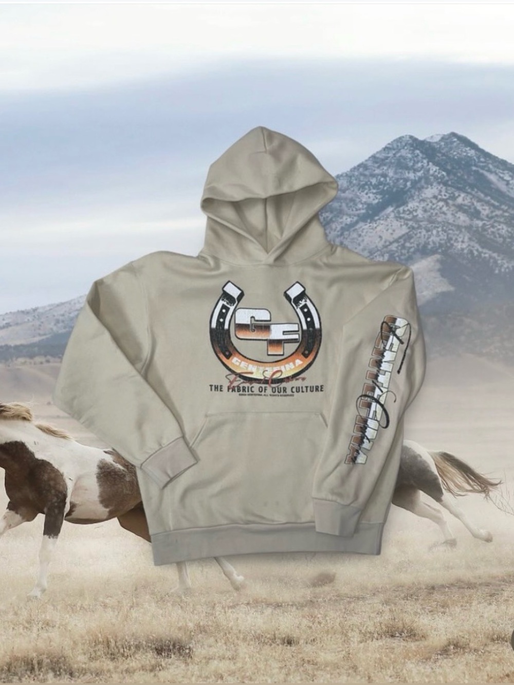 GENTE FINA CHICAGO Brand Graphic Hoodie in Tan with Western Horseshoe Logo